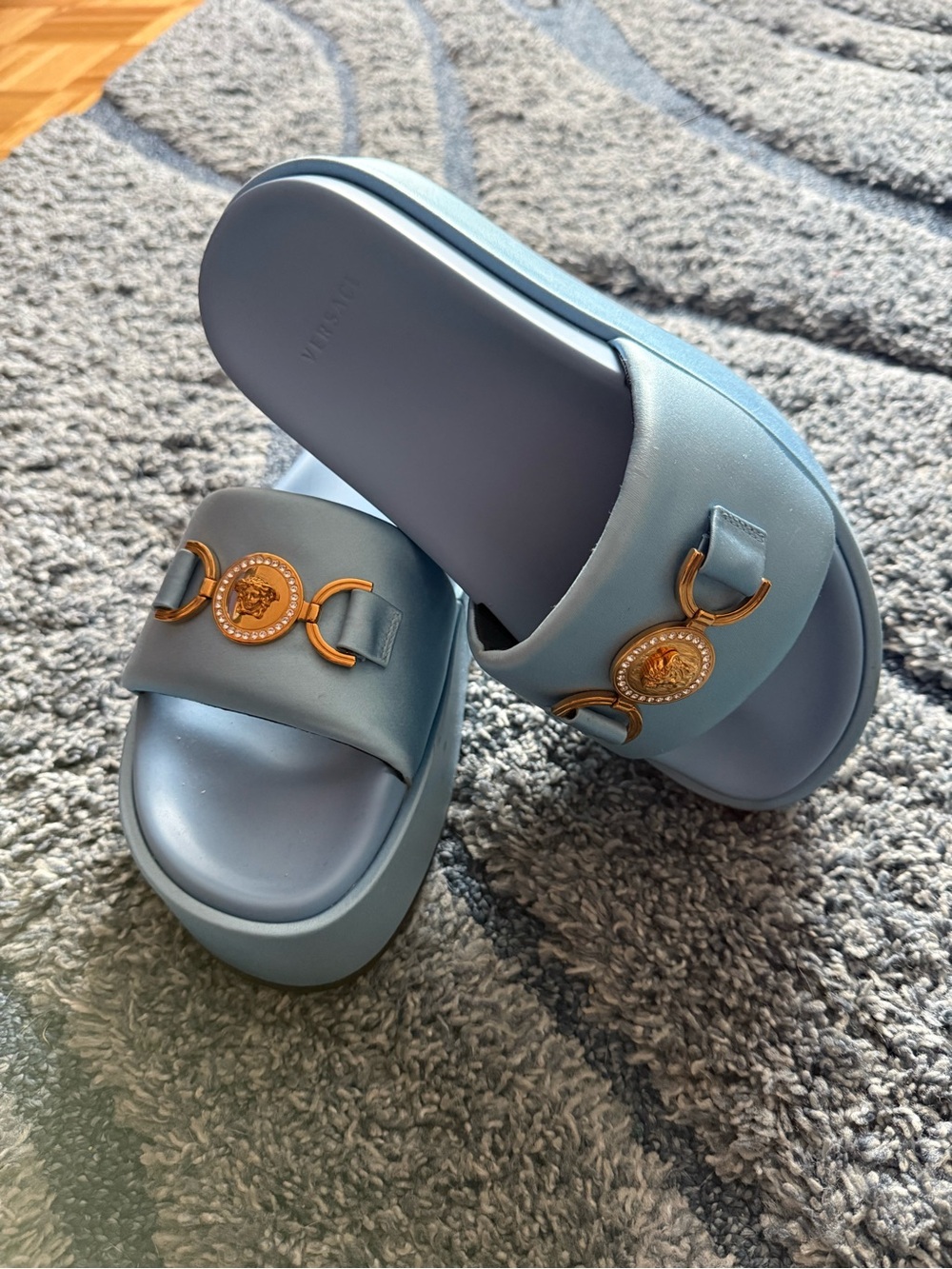 Versace Light Blue Platform Slide Sandals with Gold Medallions